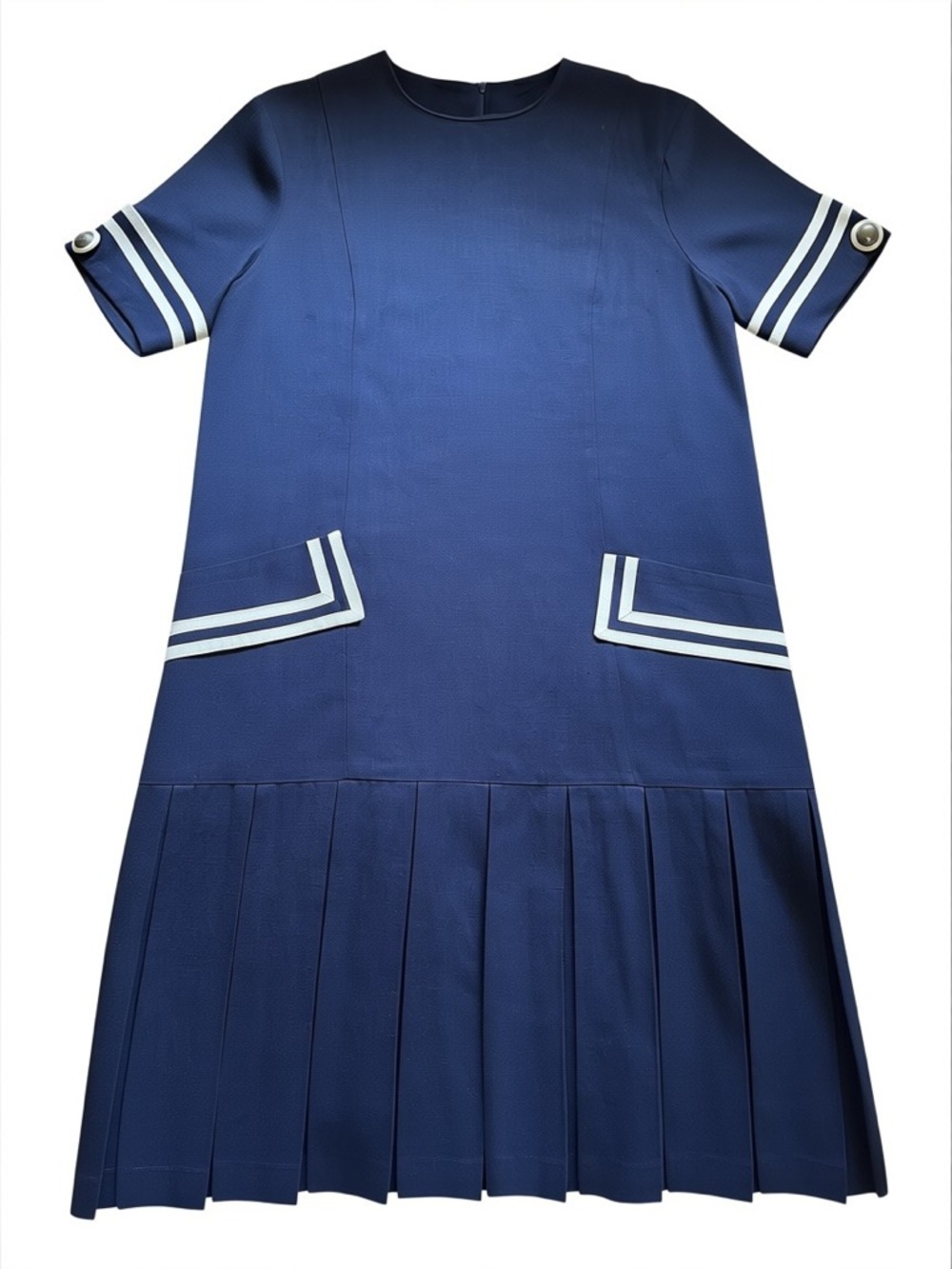 Vintage Navy Sailor-Style Pleated Dress with White Trim
